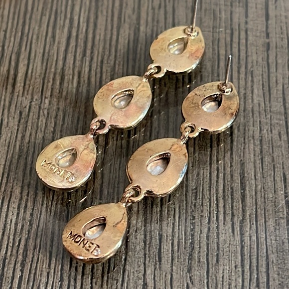 Monet Green & Clear Tear Drop Rhinestone Dangle Earrings - Picture 5 of 15